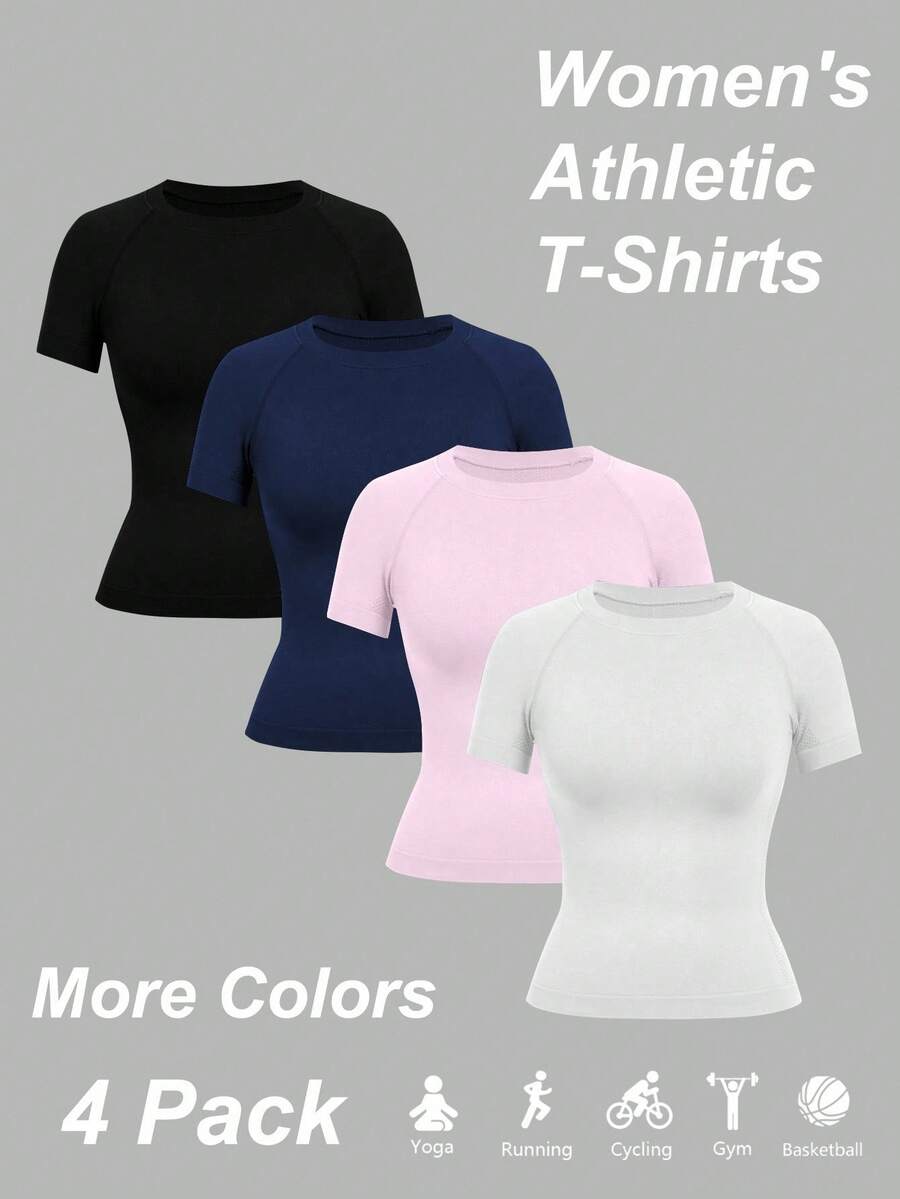 SHEIN Velisys 4 bucăți Sport Studio Tricou sport cu mânecă scurtă, culoare solidă, casual, de vară - Multicolor - Vizualizare 1