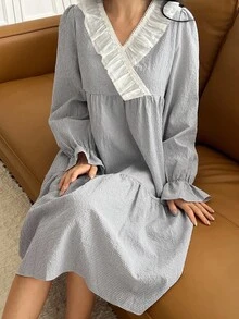 DAZY 甜美格子蕾丝和网眼拼接领女式睡袍，秋季睡衣 - 灰色 - 查看 3
