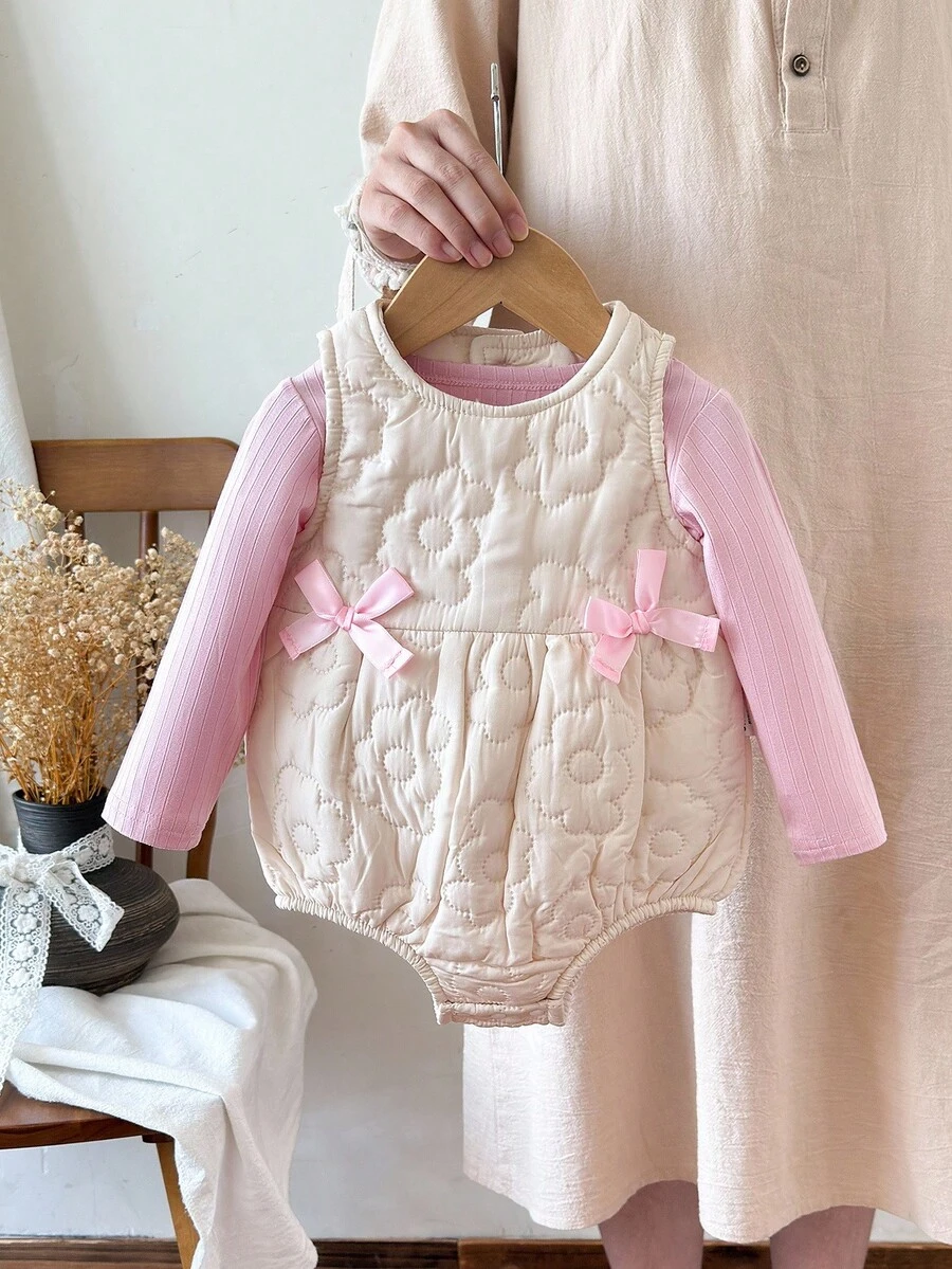 SHEIN 2件套女婴春夏新款可爱休闲乡村日常俏皮黄色格子3D彩色波点纹理面料蝴蝶结吊带宽松连体衣+发带发饰套装 - 紫色 - 查看 1