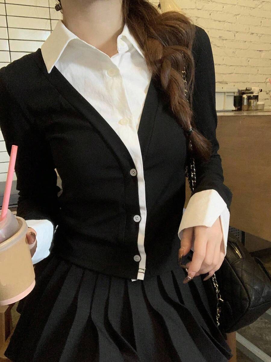 DAZY 女士百搭休闲长袖 T 恤，秋季，返校服装学院风上衣，秋季女装 - 黑色 - 查看 1