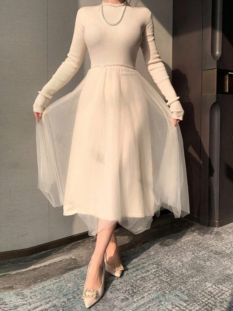 Women's Elegant Mesh Patchwork Knitted Sweater Dress, Autumn