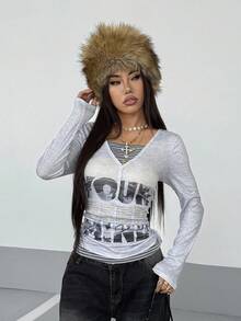 StreetHx Women's Gray Printed Patchwork Striped Long Sleeve T-Shirt - Grey - View 4