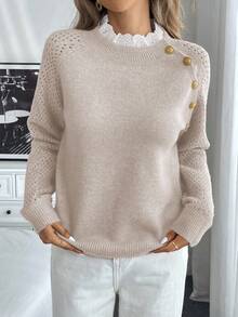 EMERY ROSE 全新花卉装饰圆领宽松休闲女式毛衣 - 杏色 - 查看 6