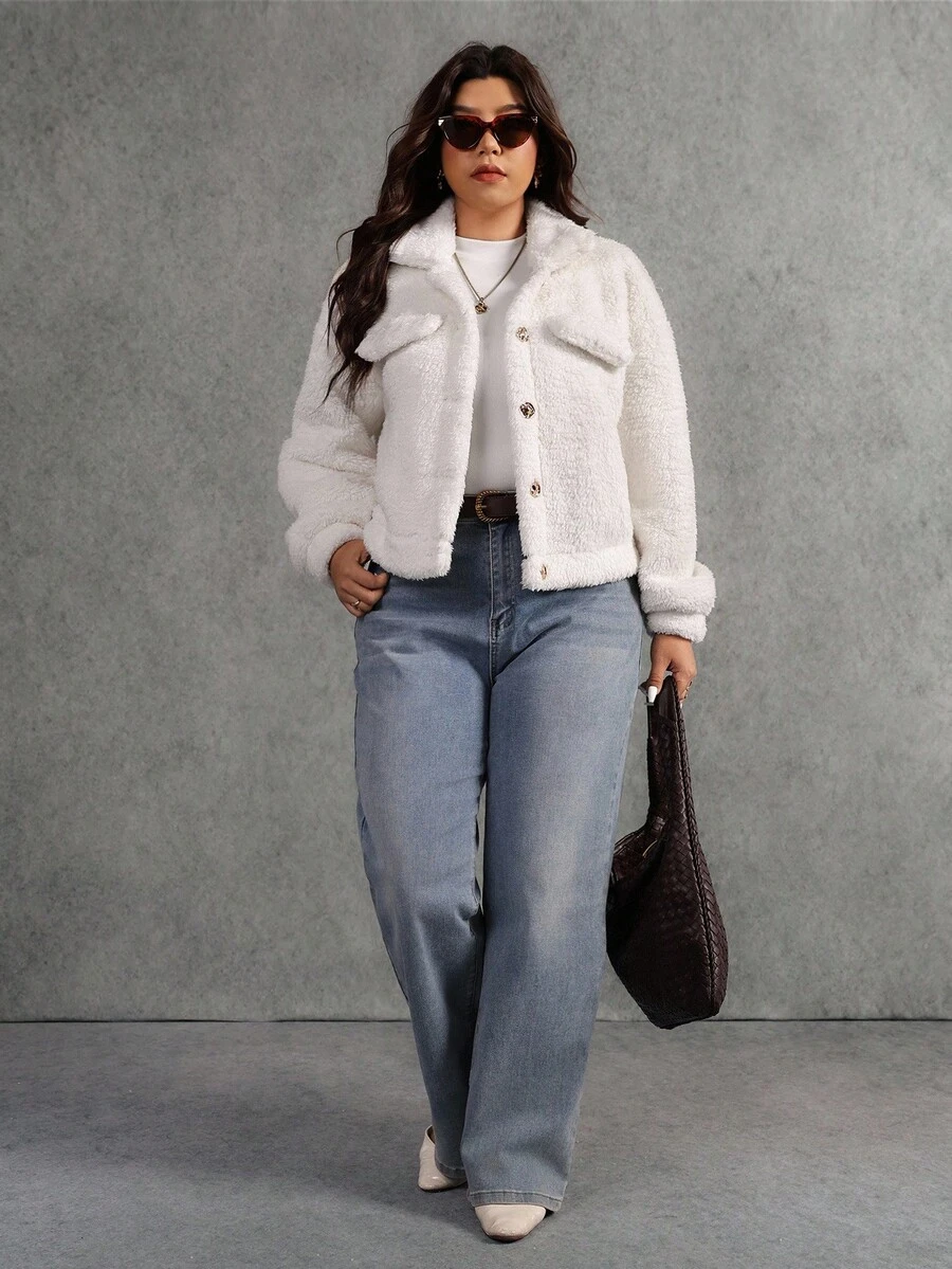 Elaquor Chaqueta de forro polar casual de un solo pecho de unicolor para mujer de talla grande, otoño/invierno