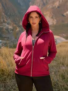SHEIN VCAY Plus Size Women Outdoor Casual Sports Hooded Sweatshirt With Pockets, Slim Fit Long Sleeve Hoodie For Running, Yoga, Autumn Outerwear - Redwood - View 2