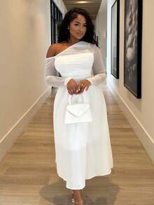 Alexandranx White Asymmetrical Pleated Long Sleeve Dress, Gorgeous And Romantic, Women,Brunch Women Outfit,Sun Dress,Tea Party Dress,White Graduation Dress - White - View 5