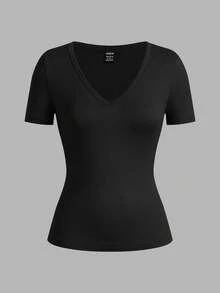 SHEIN EZwear 3 件女式深 V 领紧身休闲短袖基本款分层长袖 T 恤套装，黑色、白色、深灰色，适合春夏季 - 彩色 - 查看 6