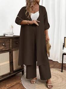 EMERY ROSE Plus-Size Ladies' Woven Leisure Vacation Summer Two Pieces Set - Brown - View 1