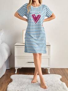 EURMUSE 棉质女士圆领彩色条纹心形印花短袖睡衣裙 - 藍色 - 查看 5