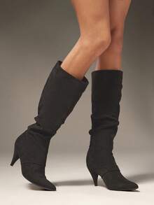 SHUZIA Fashionable Women's Chocolate Faux Suede Knee High Low Kitten Heel Slouchy Pointed Toe Boots Comfort Fall Winter Holiday Shoe - Black - View 4