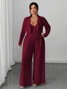 Elenzga Bộ áo khoác blazer công sở tối giản thanh lịch cỡ lớn dành cho nữ và bộ jumpsuit ống rộng không tay thắt eo, màu đỏ tía - Màu Đỏ Sâu - Xem 3