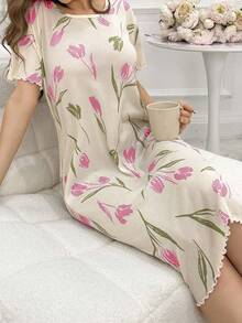 CottageSlumber Cămașă de noapte tip pijama cu mânecă scurtă, cu imprimeu de lalele, texturată, pentru sezonul de sărbători, Moo Moo - Baby Pink - Vizualizare 6