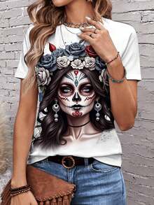 EMERY ROSE Casual Minimalist Day Of The Dead Women's Halloween Graphic Round Neck Loose T-Shirt - Multicolor - View 4
