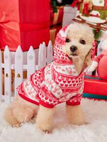 PETSIN 1 pieza Sudadera con capucha de franela con estampado de Papá Noel, copos de nieve y renos, Navidad - Multicolor - Ver 4