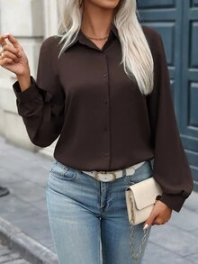 EMERY ROSE Áo sơ mi nữ cổ bẻ màu trơn, thường ngày/công sở, mở phía trước, xếp ly phía sau và viền cong, tay dài, mùa xuân/thu - Cà phê nâu - Xem 5