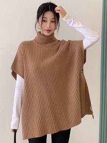 DAZY Suéter de punto suelto de cuello alto y manga corta, de unicolor, elegante y casual, para otoño/invierno - Café integral - Ver 1