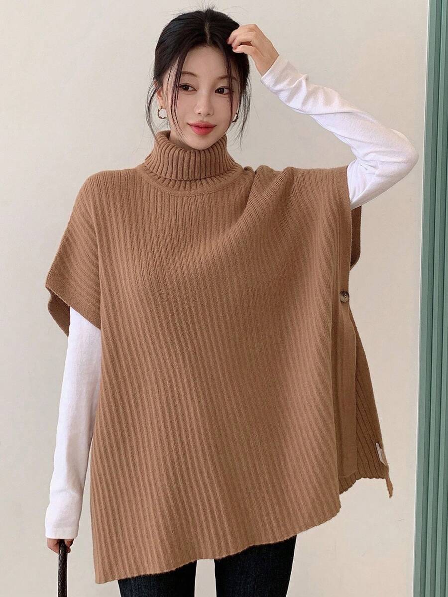 DAZY Suéter de punto suelto de cuello alto y manga corta, de unicolor, elegante y casual, para otoño/invierno - Café integral - Ver 1