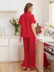 Snug Reverie Women Fashionable And Elegant Solid Ruffle Trim Top & Pants Pajama Set Lounge Set - Red - View 2