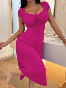 SHEIN Elegant Women's Knitted Textured Bowknot Lace Patchwork Nightgown