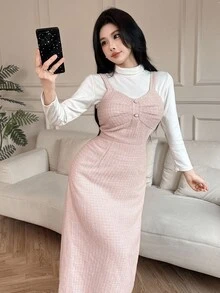 DAZY 女士格子V领无袖中长连衣裙，秋季连衣裙 - 粉色 - 查看 5