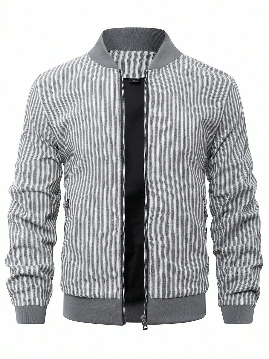 Manfinity Homme Áo khoác bomber tay dài sọc dọc, khóa kéo, thường ngày cho nam mùa thu - Xám - Xem 1