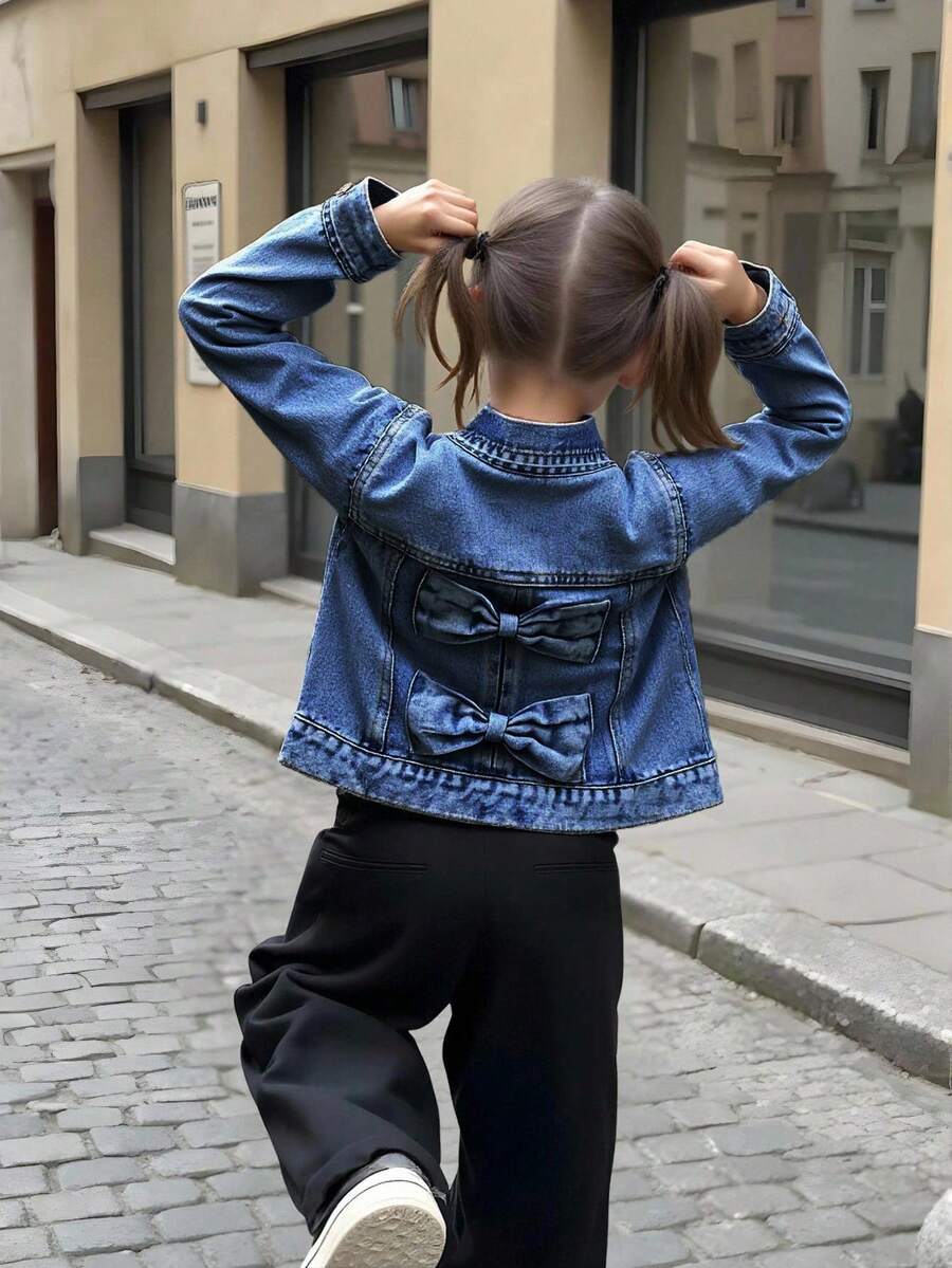 Elladie kids 1pc Girls Casual Denim Jacket With Bow Decor, Light Wash Blue, Comfortable For Daily Wear And Outings Fall Winter Denim Jacket With Bows
