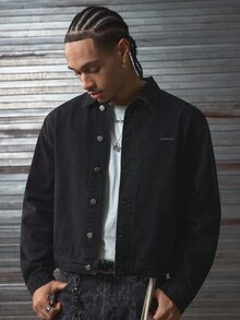 AXEPEAK Men's Washed Rhinestone Embellished Long Sleeve Denim Jacket, Stylish Short Outerwear, Fall - Black - View 4