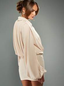 MISSGUIDED Oversized Satin Blouse With Puff Sleeves And V Neck For Spring Summer Fall Office Business Casual Elegant - Khaki - View 2