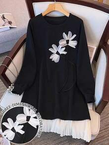 SHEIN Elegant 3D Floral Crafted Minimalist Long Sleeve Maxi Dress, Gift For Friends Fall Cloth For Women - Black - View 1