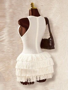 Y2K Amplova White 1pc Women's Solid Color Bodycon Tassel Hem Sleeveless Mini Dress White Fringe Dress Layered Fringe Dress - White - View 2