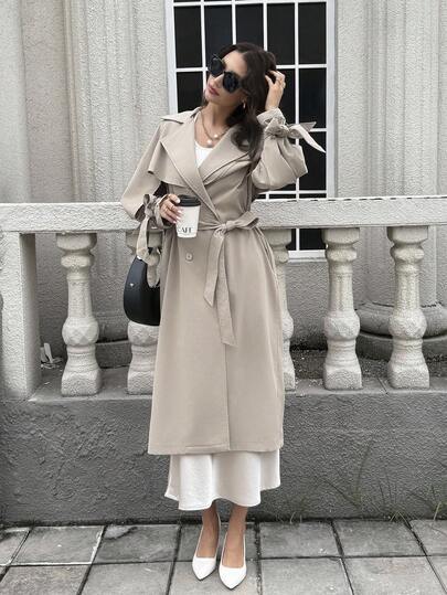 Firerie 女式茄子紫色长袖系腰翻盖中长款风衣，休闲通勤外套，适合日常、工作、百搭、春秋冬