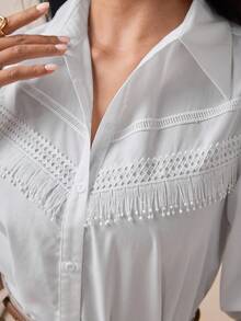 Veilorie Women's Solid Color Patchwork Fringe Lantern Sleeve Single-Breasted Casual Loose Shirt - White - View 2