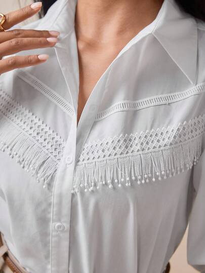 Veilorie Camisa casual suelta de mujer de un solo pecho con mangas de farol, parches de unicolor y flecos