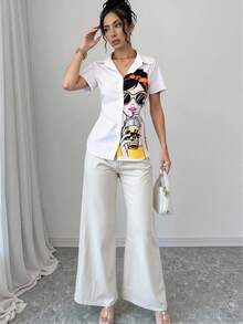 Selianne 女士可爱女孩印花短袖衬衫、短袖上衣 - 白色 - 查看 3