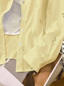 Airaco 女士纯色简约休闲镂空长袖衬衫 - 淡黃色 - 查看 5