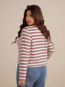 Elaquor 秋季大码女式条纹长袖单排扣休闲T恤