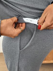 SHEIN Bộ đồ bầu 2 món: Áo khoác dài tay trễ vai màu trơn và quần cạp chun điều chỉnh, trang phục thường ngày cho mùa thu - Xám - Xem 6