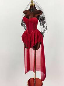 Y2K Amplova Red Halloween Corpse Bride Pure Off-The-Shoulder Lace Panel Corset Women Midi Dresses Vampire Dress Slay Diva Dress Red Corset Dress, Built-In Bra