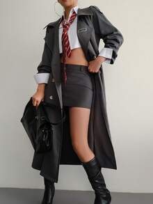 Aidyla Autumn Woven Loose Fit Cinched Waist Lapel Fashion Trench Coat, Grey Long Sleeve - Grey - View 7