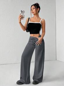 SHEIN PETITE Pantalon de survêtement confortable et décontracté en tricot uni à taille basse et jambes larges pour femmes