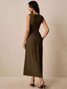 Poéselle Váy suông cổ chữ V không tay màu trơn đơn giản dành cho nữ - màu nâu - Xem 7