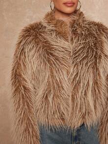 Lumalex Winter Fall For Women's Fashionable Short Fluffy Faux Fur Stand Collar Coat Holiday Vacation New Year's Party Night Out Dates Cute Halloween Costume For Women Wedding Guest Graduation Prom Business Casual For Women Teacher's Luxury Evenings For Women Elegant For Parties Birthday - Brown - View 2