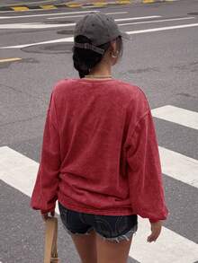 Muchica 女士复古刺绣圆领针织T恤 - 酒紅色 - 查看 2