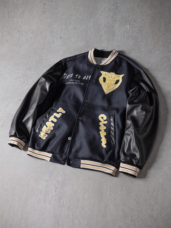 PAVTROS Chaqueta de manga larga con estampado de letra de color contrastante simple para hombre, chaqueta negra y dorada, otoño