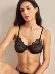 Charlaine 1pc Black Underwired 3/4 Cup Lace Trim Bra, Women's Lingerie Bra For Everyday, Office, Casual, Sensual - Black - View 7