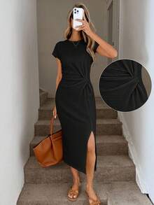 Easowa 1. Elegant midjeklänning med hög slits och ärmlös utsmyckning, avslappnad aprikosfärgad texturerad bodycon-klänning, födelsedagsoutfit för kvinnor, fitnessset för kvinnor, bröllopsklänning för kvinnor, kontorskläder för kvinnor, vit examensklänning - Svart - Visa 6