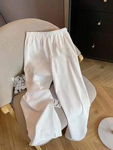 少女双面腰带，字母刺绣休闲阔腿裤，适合日常穿着、冬季、母女装，时尚秋季母女白色宽松阔腿裤 - 白色 - 查看 10