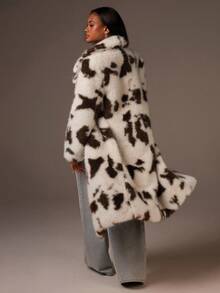 Athîral Women's Snowy White & Mocha Patterned Faux Fur Maxi Coat | Long Plush Fabric, Dramatic Oversized Lapel Collar, Relaxed Straight Cut, Full-Length Sleeves, Abstract Double-Tone Animal Print, Invisible Seam Finish, Luxe Capsule Wardrobe Essential For Winter Office Layering & High-Warmth Style, Cow Print ,Coat Long Faux Fur Coat, Cow Print Coat, Halloween Costume,Winter Jacket For Women - Multicolor - View 2