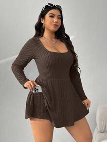 SHEIN EZwear Plus Size Women's Square Neck Long Sleeve Ribbed Jumpsuit With Pockets Ribbed Knit Dress Long Sleeve Knit Dress - Brown - View 5