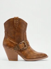 Solezae 西部时尚女式仿古棕色铜扣金属粗跟踝靴 - 标志性牛仔风格，秋季造型和节日装扮的时尚靴子